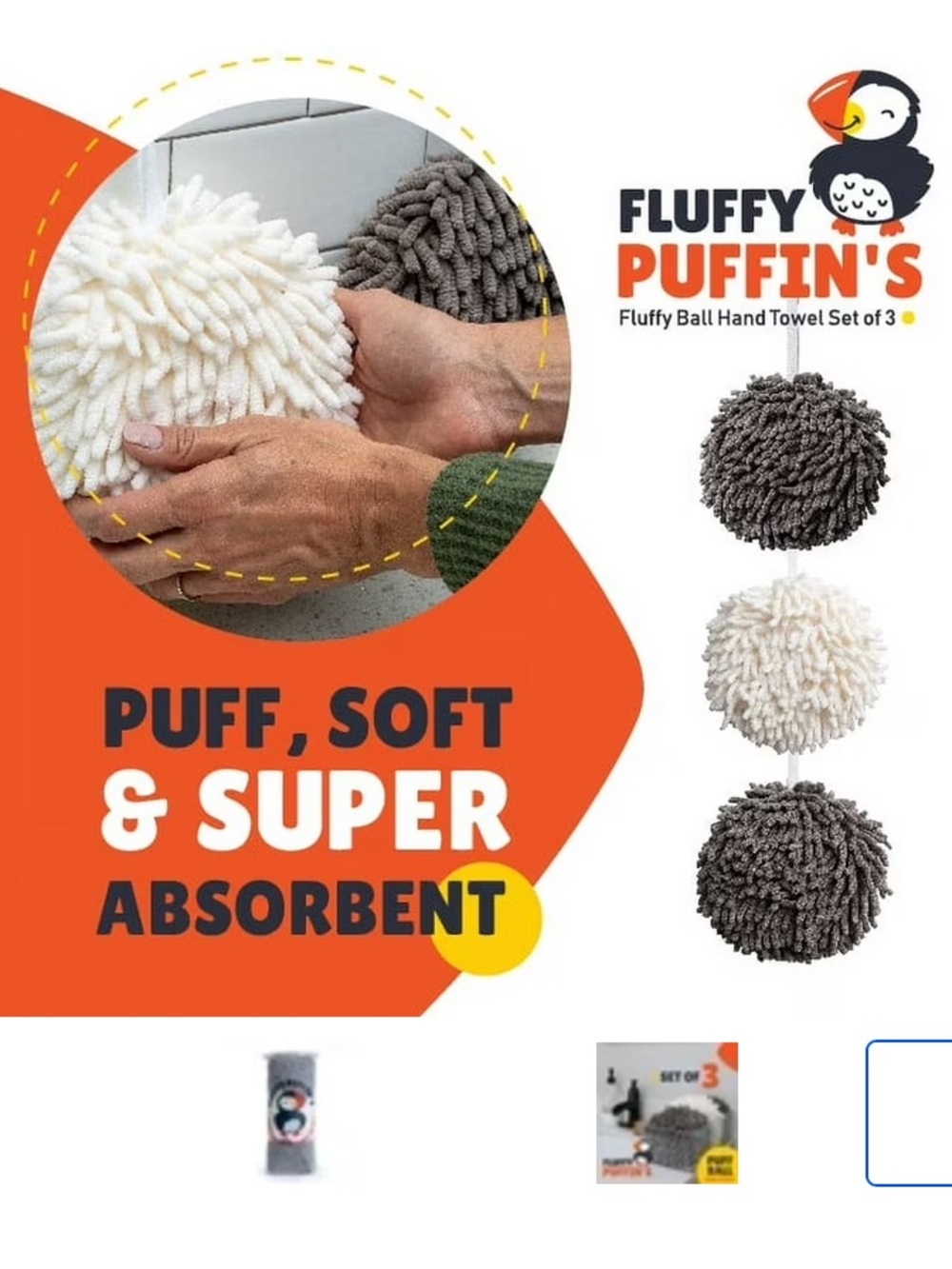 JJ Kent Fluffy Puffin's Hand Towels for Bathroom Home Fast Dry Microfiber 3 Pack
